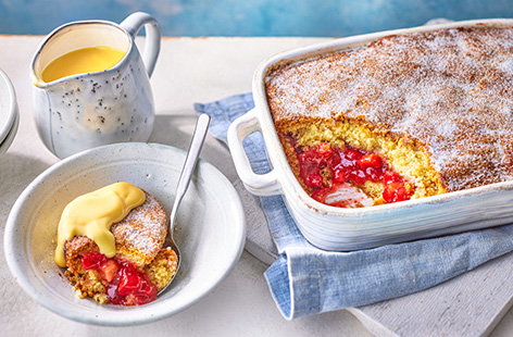 Jam doughnut-inspired self-saucing pudding