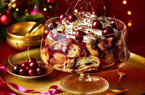 This is the ultimate show-stopper dessert for Christmas. Layers of pain au chocolat, chocolate custard and cherries create a decadent Black Forest spin on this timeless festive pud.