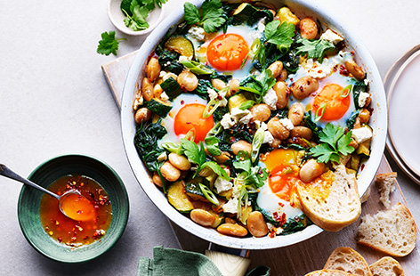 This simple shakshuka, made with butter beans and green veg, makes a healthy brunch or lunch that's high in protein and 2 of your 5-a-day! Serve with some crusty bread to dip into those gorgeous golden yolks.