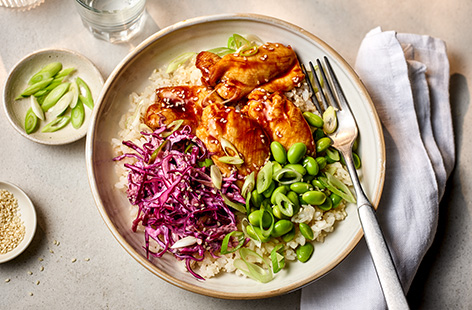 This sticky air-fryer chicken rice bowl from Punk Chef Scott Garthwaite is served with sweet teriyaki sauce and a fresh slaw. It would be equally delicious with halloumi or tofu if you wanted to make it vegetarian. Chef and presenter Scott has appeared on Channel 4 and the BBC, using his profile as a deaf man in the industry to promote British Sign Language and greater representation.