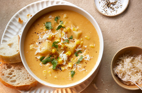 A creamy chowder is the ultimate comfort food for cold days and this veggie version, using storecupboard ingredients and frozen veg, is so simple and affordable to make. You can even save some to create a sauce for our smoky basa and sweetcorn pasta – see tip, below. That's next day's dinner sorted!