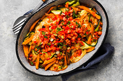 Tuck into these sweet potato loaded fries, layered with a cheesy Gochujang sauce and a fresh, zesty salsa on top. Ready in just 30 minutes, these are great for sharing at the weekend.
