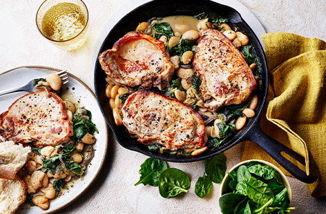 Pork, spinach and butter bean traybake