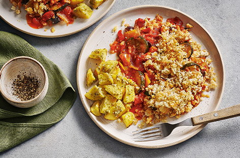 Frozen veg and tinned tomatoes are transformed into this delicious, budget-friendly 'crumble' that happens to be vegan, dairy-free and healthy. We think everyone will love the Mediterranean flavours and healthy heartiness.