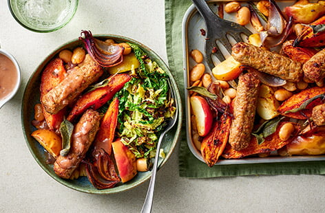 Think veggie sausage and mash, but better! We’ve packed five different fruit and veg into this epic traybake, including fibre-rich sweet potatoes (no need to peel), creamy butter beans and Savoy cabbage, which is a source of vitamin C.