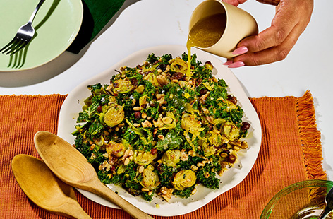 This vibrant roasted chickpea and Brussels sprout salad is a celebration of seasonal winter flavours. Crunchy, golden chickpeas contrast beautifully with tender, caramelised sprouts and hearty kale, while the citrusy, slightly smoky dressing adds brightness and depth. Toasted pine nuts bring a nutty crunch, for a winter salad you’ll keep coming back to! 