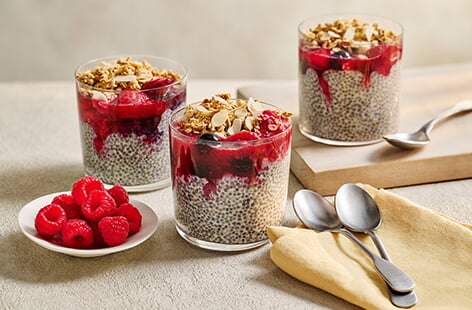 Dietitian Catherine Rabess's chia pudding is a great way to up your fibre intake. Let the pudding set in the fridge overnight to allow it to thicken, then top with homemade berry compote and flaked almonds in the morning for extra fibre. This is a great healthy make-ahead breakfast to help get you through busy mornings. 