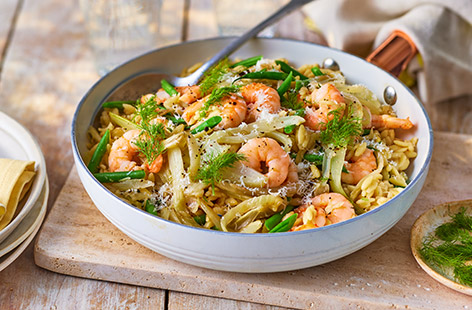 Prawn and fennel is a winning combination; try it in this easy orzo pasta one-pot
