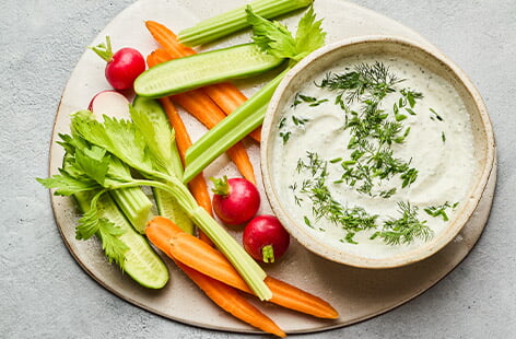 Light, creamy and tangy, whipped cottage cheese makes a delicious base for a dip, and this ranch dip scores nutrition points for being high in protein and a source of vitamin B12. Whip it up in just 10 minutes, then dip in some crudités to boost your 5-a-day. Great for picnics, parties and healthy snacking.