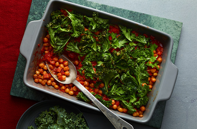 Simple kale, chorizo and chickpea bake