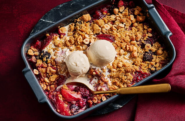 Mulled plum and blackberry crumble