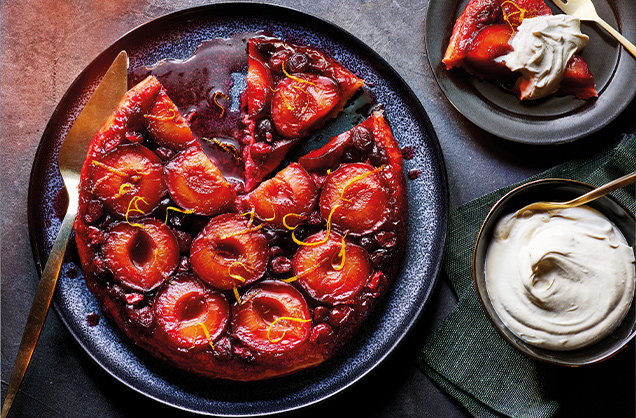 Plum and cranberry tarte Tatin with brown sugar-whipped cream