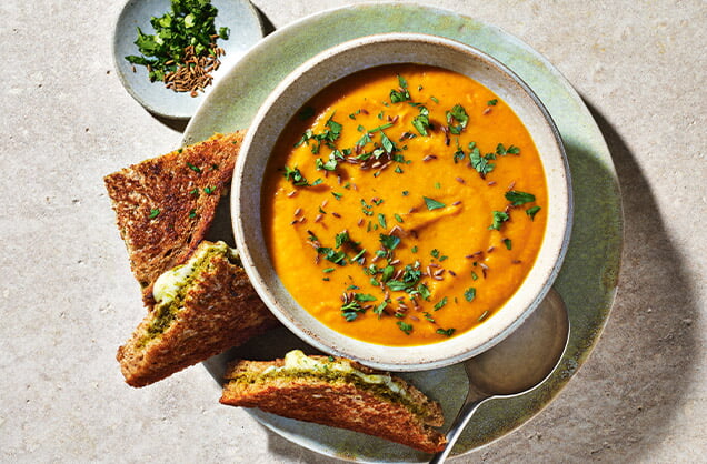 Wednesday: Spiced carrot and lentil soup with cheesy pesto toasties