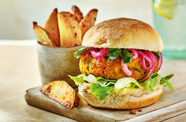 Friday: Spiced red lentil burgers with potato wedges
