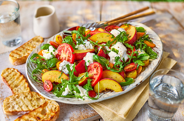 The no-cook: Tomato, peach and burrata salad