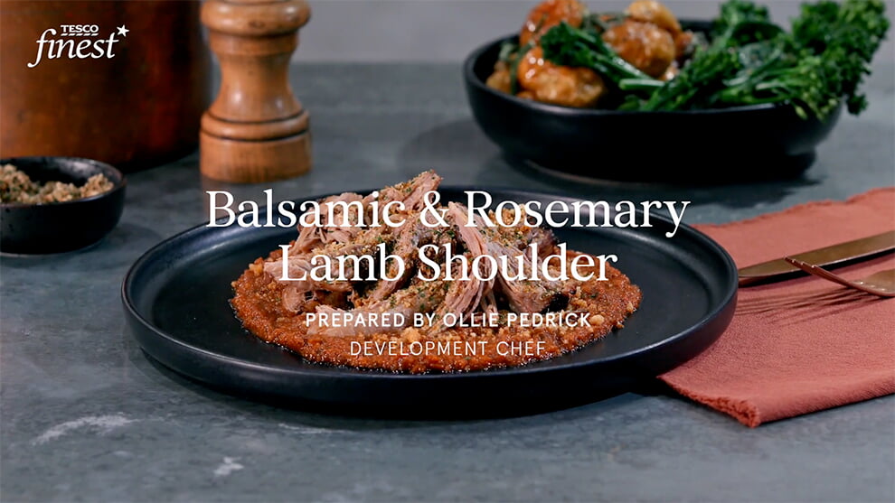 Balsamic and rosemary lamb shoulder with a tomato and olive sauce and ciabatta style crumb