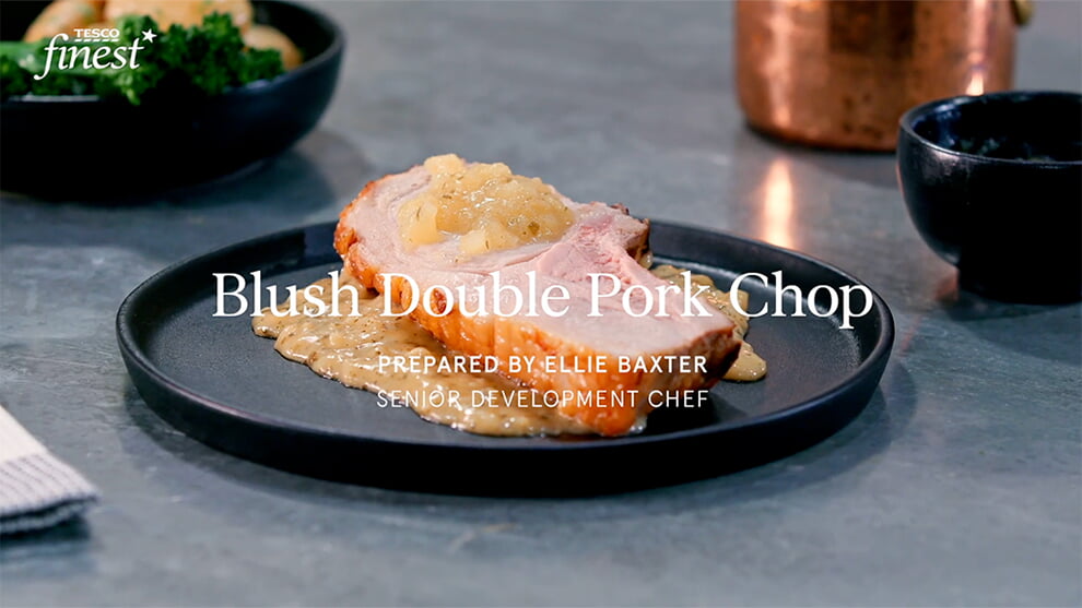 Blush double pork chop with charcutière sauce and apple and brandy chutney