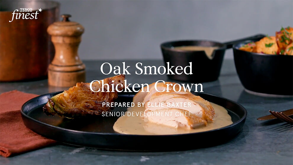 Oak smoked chicken crown with buttered hispi cabbage and a white wine infused chicken emulsion