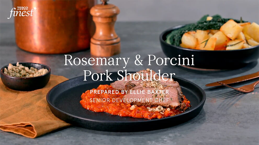 Rosemary and porcini pork shoulder with a Milanese sauce and herb crumb