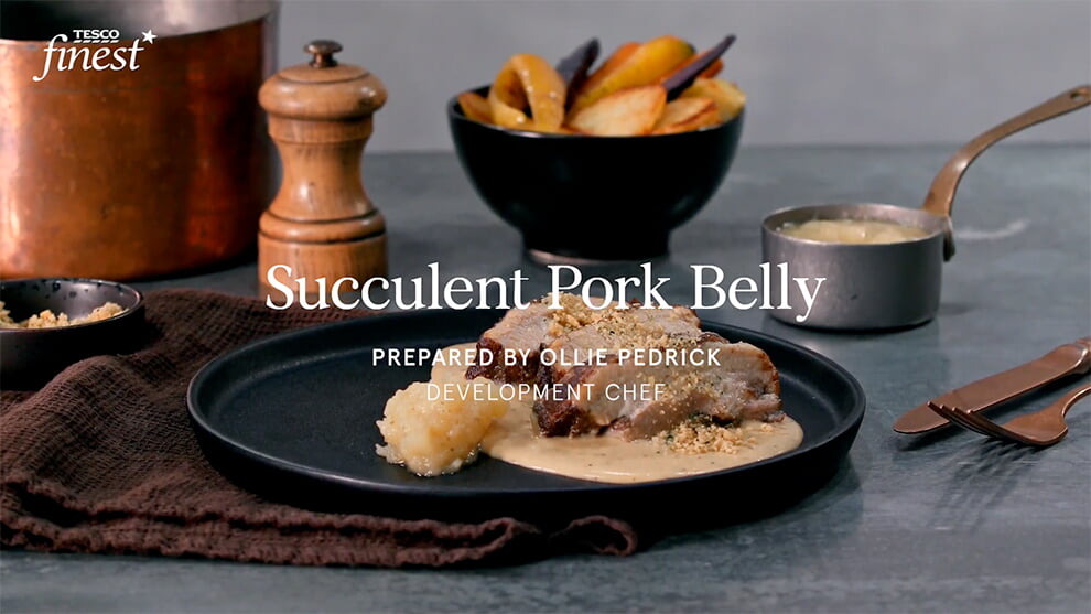 Succulent pork belly with a mustard and tarragon sauce and apple and brandy chutney