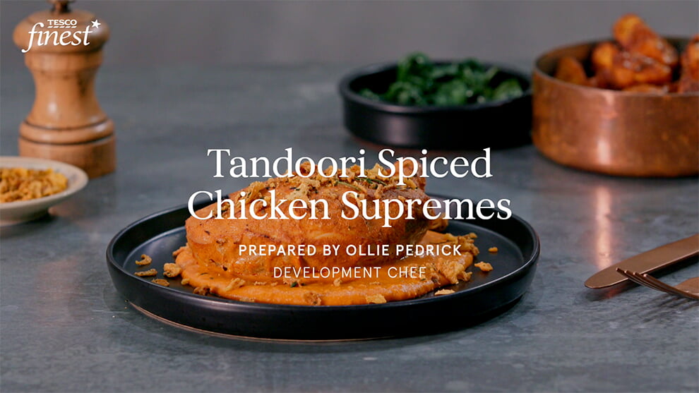 Tandoori spiced chicken supremes with a smoky butter masala sauce, tandoori spiced yogurt and onion crumb