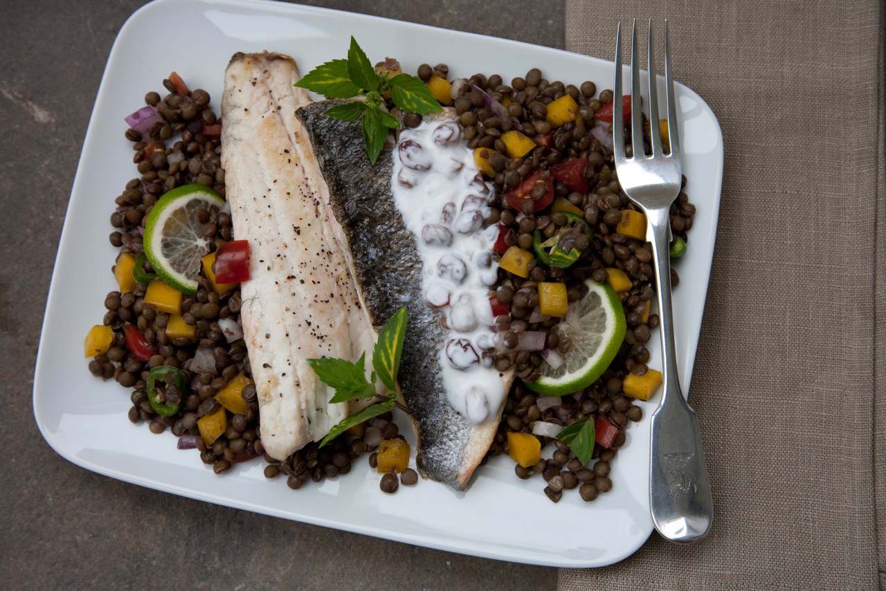 Pan fried sea bass with a spicy lentil salad Tesco Real Food