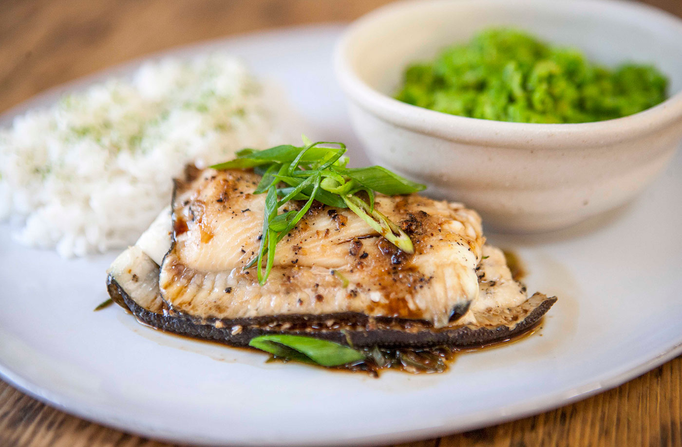 Soy and ginger plaice with wasabi peas and jasmine rice Tesco Real Food