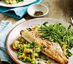 Pan-fried sea bass with pea and potato salad | Tesco Real Food