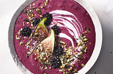 Banana and blackberry smoothie bowls with figs