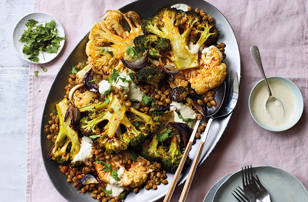 Roasted broccoli and cauliflower with harissa lentils