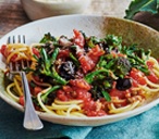 Spaghetti with purple sprouting broccoli and tomato and olive sauce | Tesco Real Food