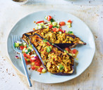 Stuffed aubergines with cucumber and tomato salad | Tesco Real Food