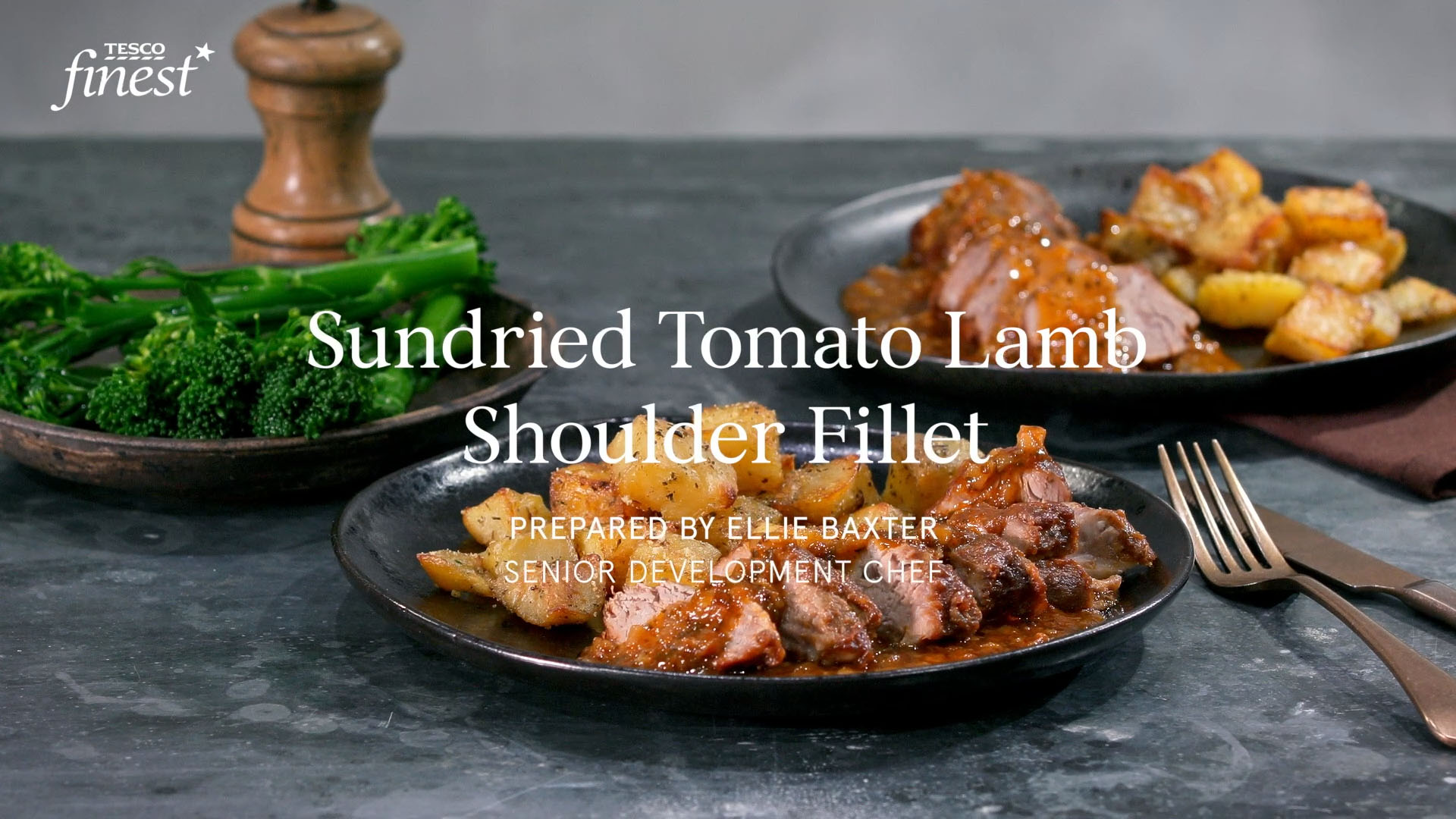 Sundried tomato lamb shoulder fillet with herbed parmentier potatoes and a tomato, herb and lemon sauce 