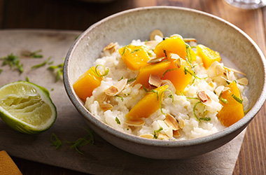 Slow-cooked mango rice pudding