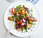 Sticky sausages, apples and potatoes with radish salad | Tesco Real Food