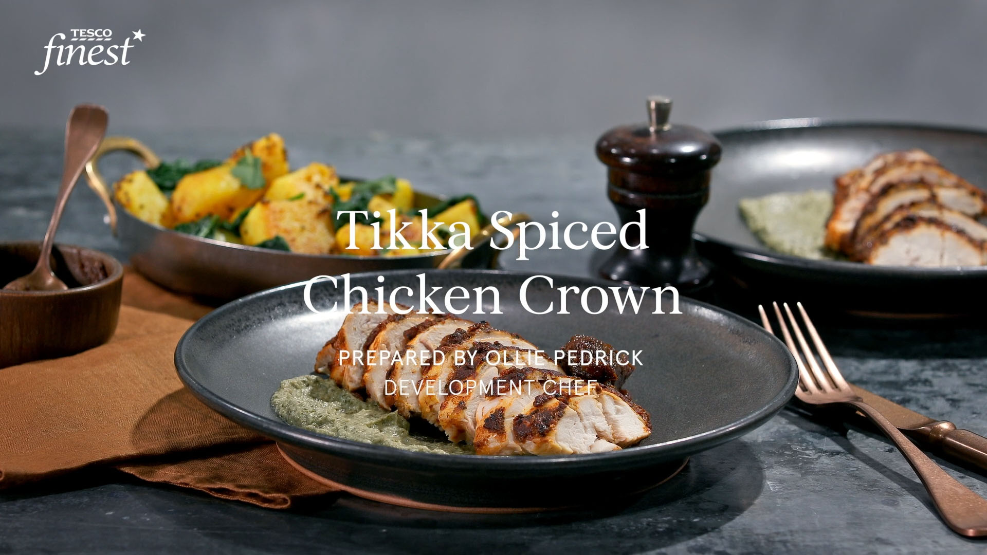Tikka spiced chicken crown with a date and tamarind chutney, and coconut and coriander sauce