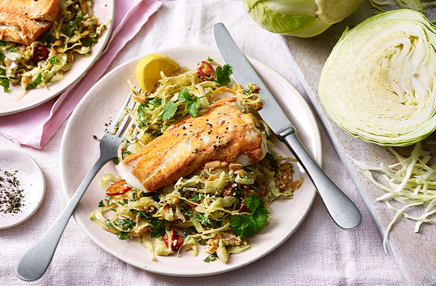 Tandoori spiced fish with keralan cabbage