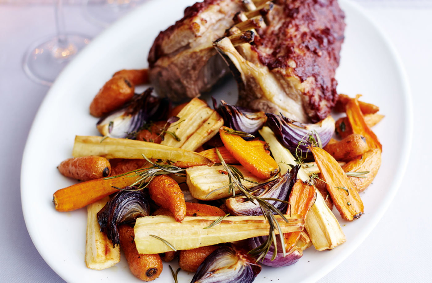 Roast rack of lamb and goose fat roasted vegetables Tesco Real Food