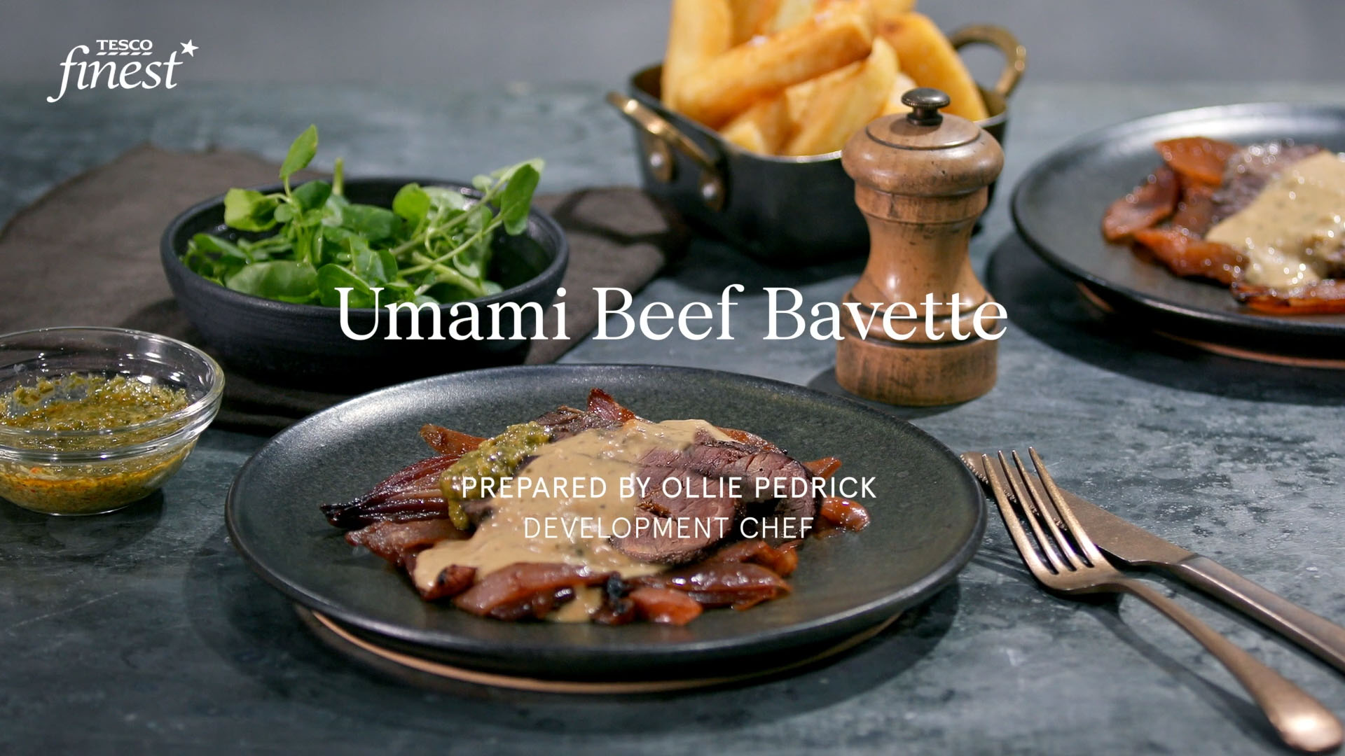 Umami beef bavette with braised onions, shiitake Diane sauce and a chive salsa verde