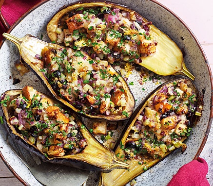 Baked aubergines with olives and breadcrumbs | Tesco Real Food