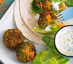 Sweet potato and pea falafel with yogurt and herb sauce | Tesco Real Food