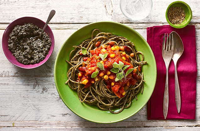 Wicked Kitchen olive and tomato spaghett